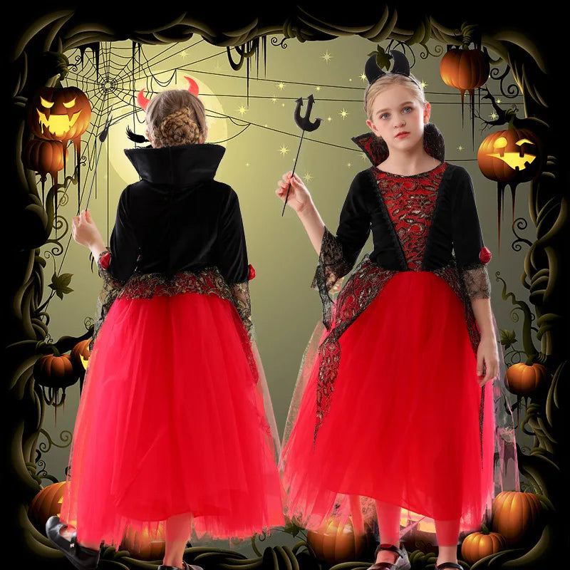 Girls Boys Vampire Dress Kid Ghost Bride Gothic Cosplay Vampire Devil Bat Halloween Costume Vampiran Carnival Outfit Clothes