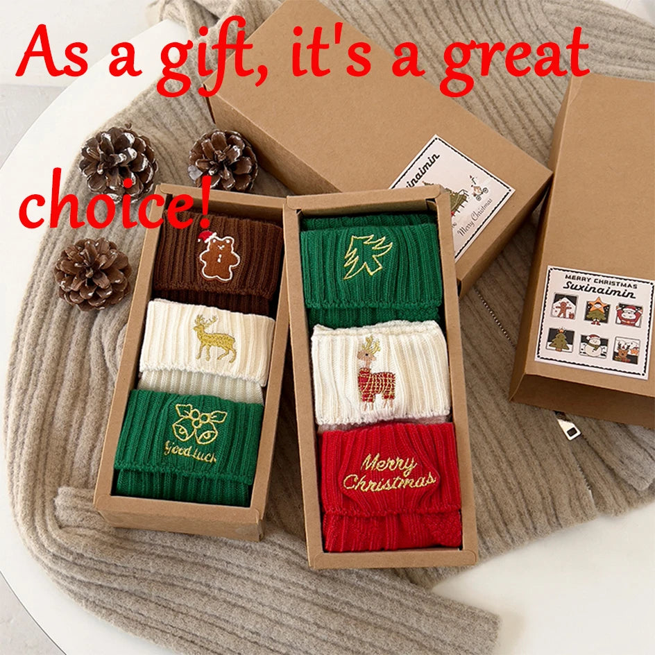 3 Pairs Cotton Cartoon Christmas Socks for Women Autumn Winter Warm Comfortable Cute Mid-tube Embroidery Merry Christmas Gifts