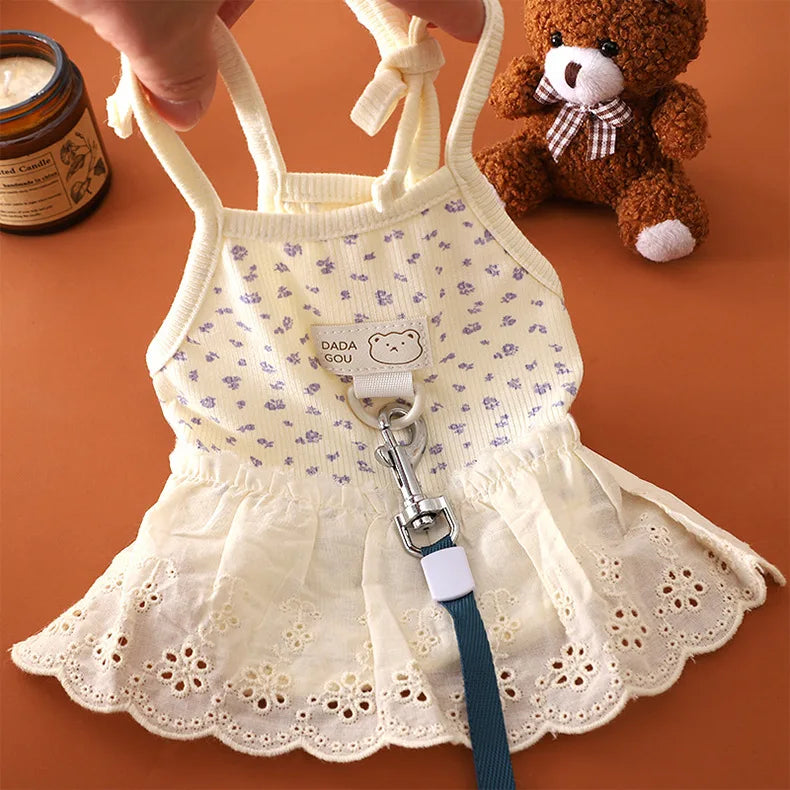 Dog Mesh Floral Camisole Dress Pet Clothing Teddy Breathable Spring/summer Clothing Puppy Can Tow Floral Princess Dress