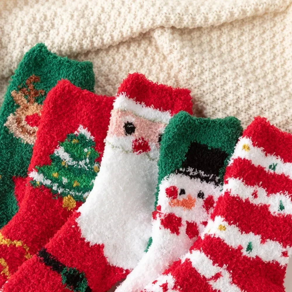 5 Pairs New Autumn and Winter Christmas Thickened Cute Warm Coral Fleece Socks Velvet Santa Fawn Snowflake Women Socks