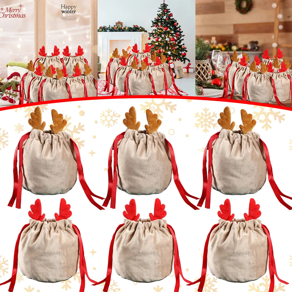 5/10 Christmas Reindeer Drawstring Gift Bag, Reusable Velvet Santa Claus Candy Biscuit Gift Bag, Christmas Eve Party Gift Decor