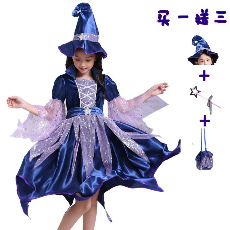 God Mother Fairy Dress with Witch Hat Wand Bag Girls Halloween Costume Witch Cosplay All Saint's Day 4Pcs Wizard Vestidos Suit