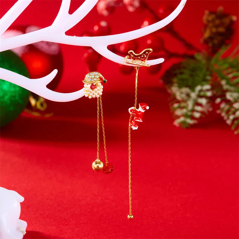 Moving Santa Claus Tassel Dangle Earrings For Women Christmas Tree Snowflake Asymmetric Long Chain Earring New Year Jewelry Gift