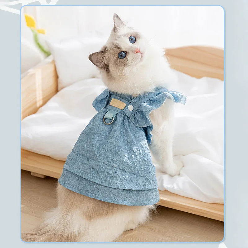 Dog Girl Dresses for Dogs Puppy Spring Clothes with Leash Ring Flying Sleeves Summer Cat Outfits Blue One Piece Chihuahua Appare