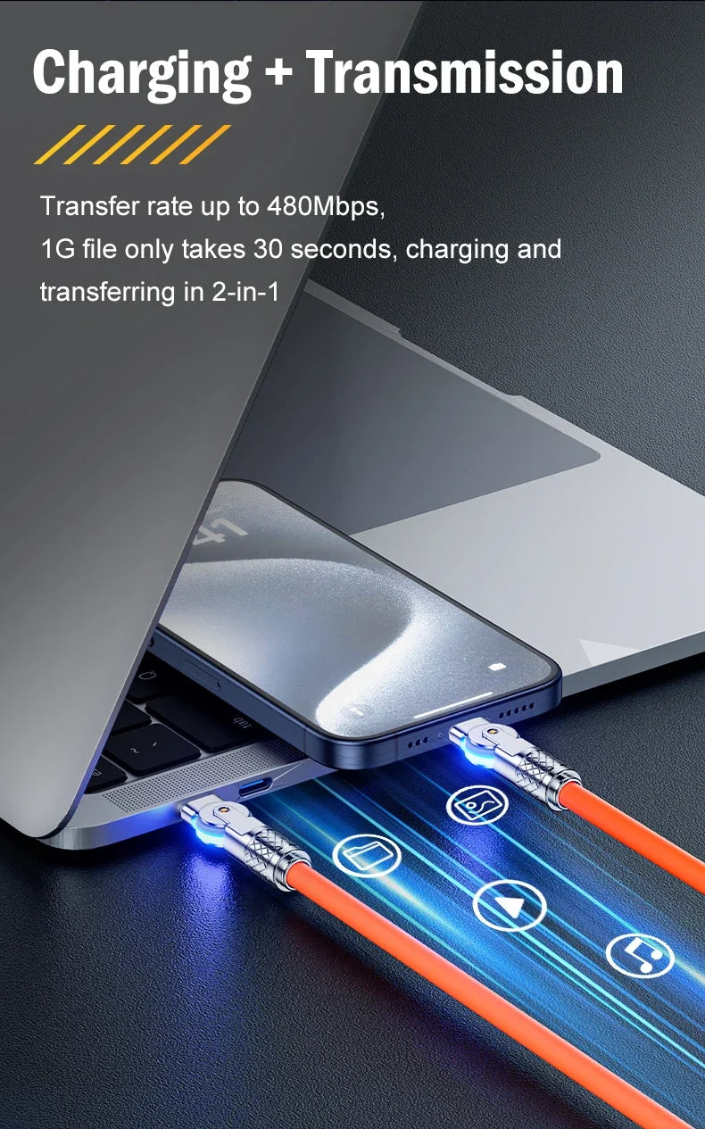 60W PD USB C To Type C Cable Elbow 180 Degree Rotation Super Fast Charge For Samsung S24 S23 S22 Ultra Huawei Laptop Data Sync