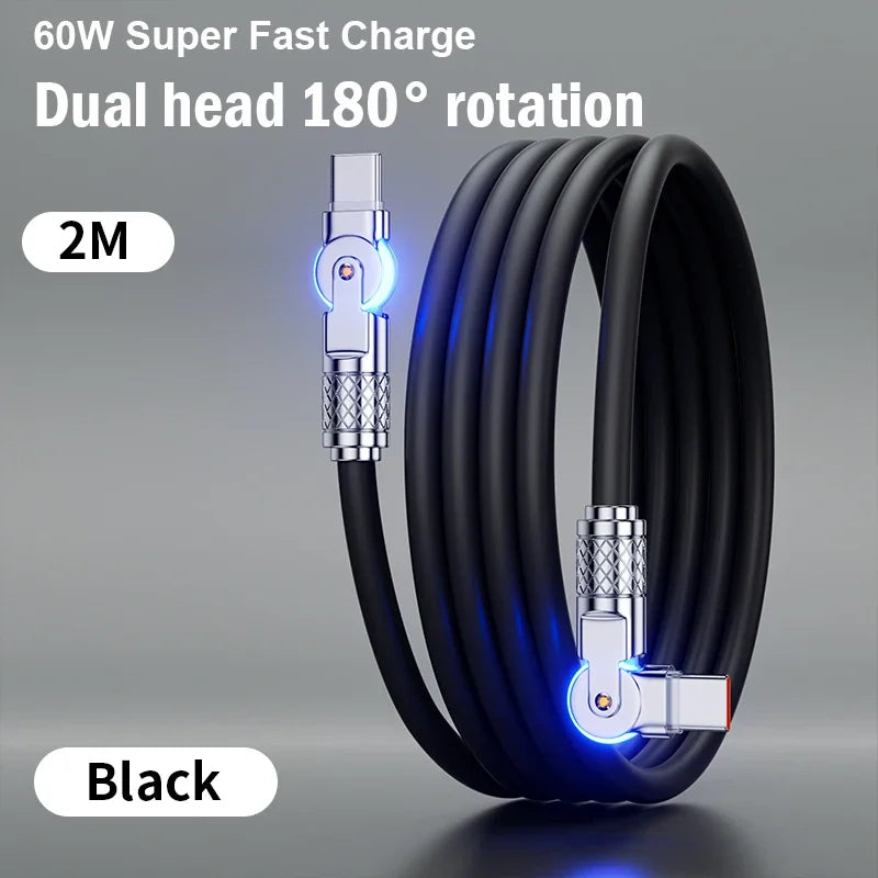 60W PD USB C To Type C Cable Elbow 180 Degree Rotation Super Fast Charge For Samsung S24 S23 S22 Ultra Huawei Laptop Data Sync