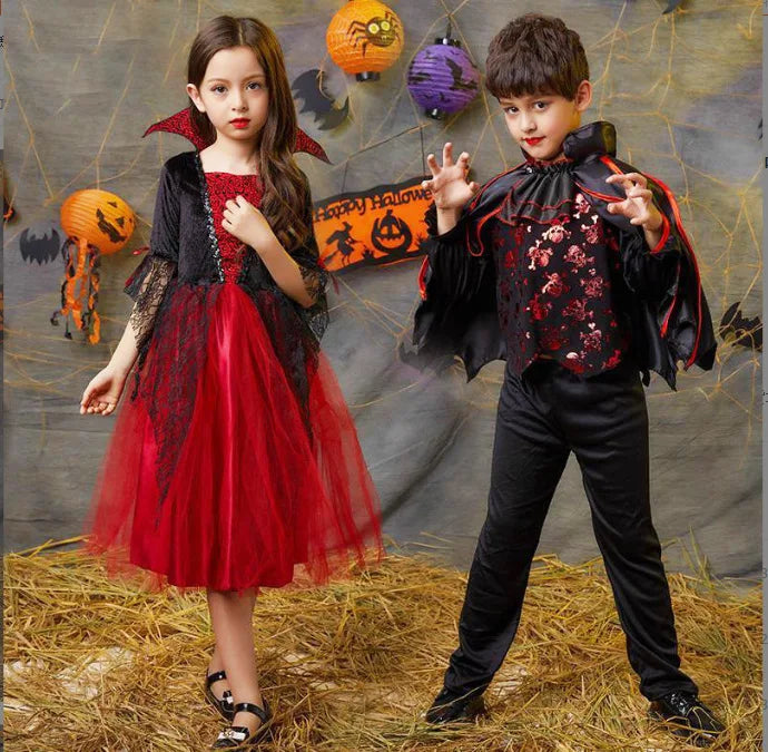 Girls Boys Vampire Dress Kid Ghost Bride Gothic Cosplay Vampire Devil Bat Halloween Costume Vampiran Carnival Outfit Clothes