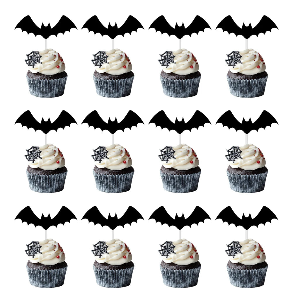 12/24pcs Halloween Black White Cupcake Topper Skull Ghost Bat Spider shape Cake Topper Decoration Halloween Birthday Party Decor