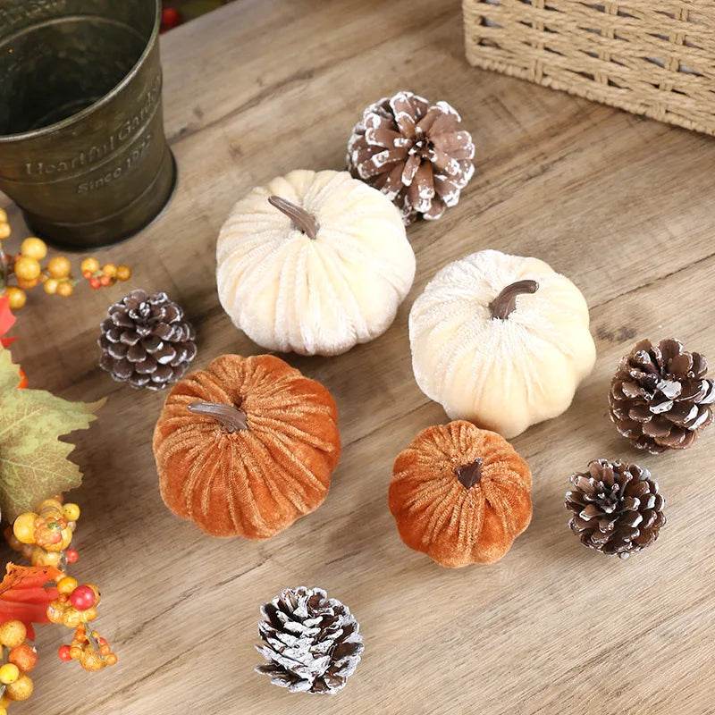 9pcs 3 Size Velvet Artificial Pumpkins Mixed for Halloween Party Thanksgiving Home Table Decoration Autumn Fall DIY Craft Wreath