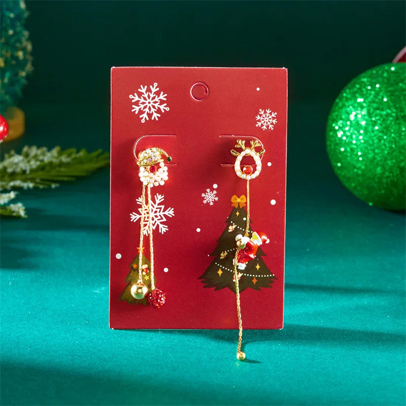 Moving Santa Claus Tassel Dangle Earrings For Women Christmas Tree Snowflake Asymmetric Long Chain Earring New Year Jewelry Gift