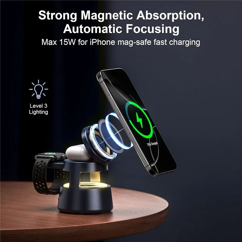 3 in 1 Magnetic Wireless Charger Bluetooth Speaker LED Light Desktop Fast Charging Phone Stand For iPhone 16 15 iWatch Airpods