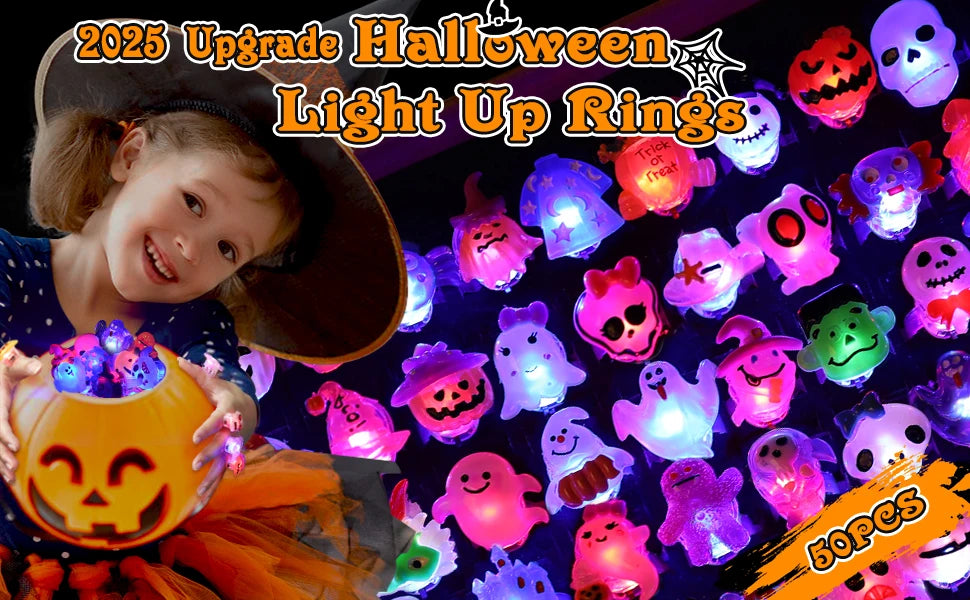30-150PCS 3D Light Up Rings Bulk Halloween Treats Toys Party Favors for Kids Non Candy Treats Glow In The Dark Party Gifts for K