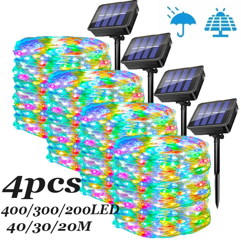 4pcs Outdoor Led Solar String Light Fairy String Christmas Tree Decor Lighting for Wedding Festival Party Garden Xmas Halloween