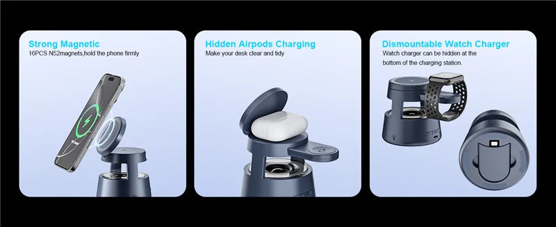 3 in 1 Magnetic Wireless Charger Bluetooth Speaker LED Light Desktop Fast Charging Phone Stand For iPhone 16 15 iWatch Airpods