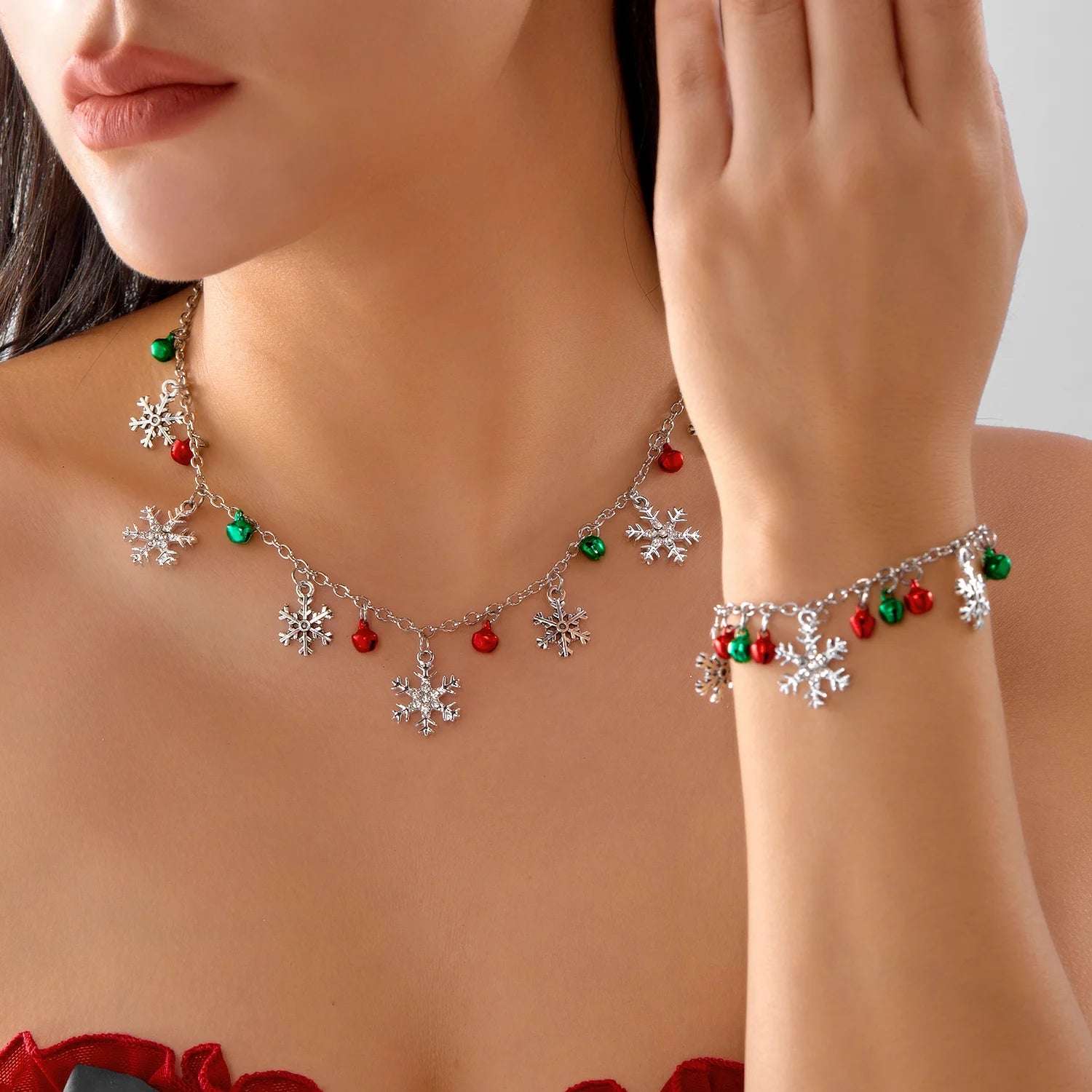 Christmas Glitter Snowflake Bell Pendant Bracelet for Women Rhinestone Necklace Xmas Joy Holiday Party Jewelry Gift
