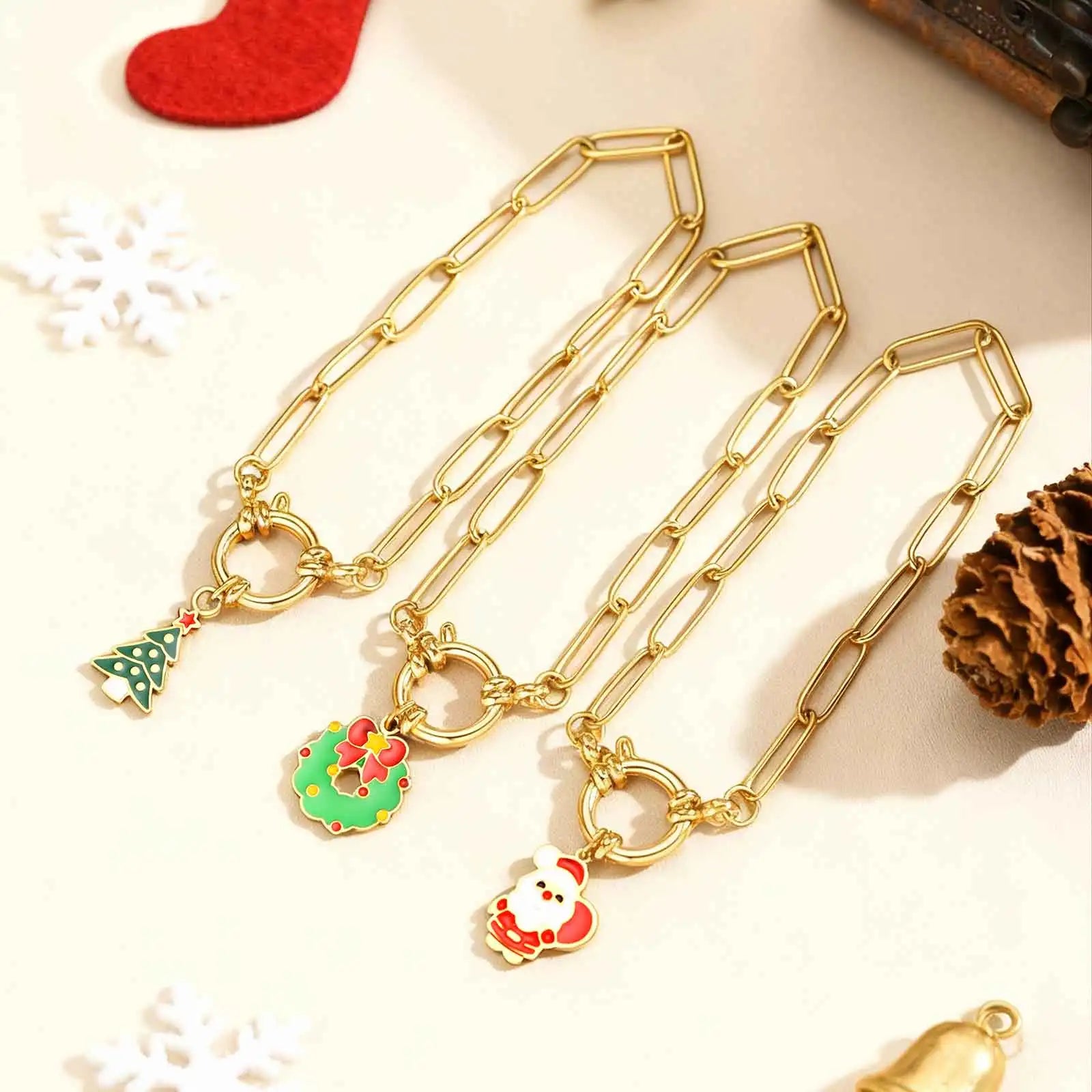 18CM Cute Santa Bubble Buckle Bracelet for Women,Gold Plated Stainless Steel Small Square Chain Bracelets,Merry Christmas Gift