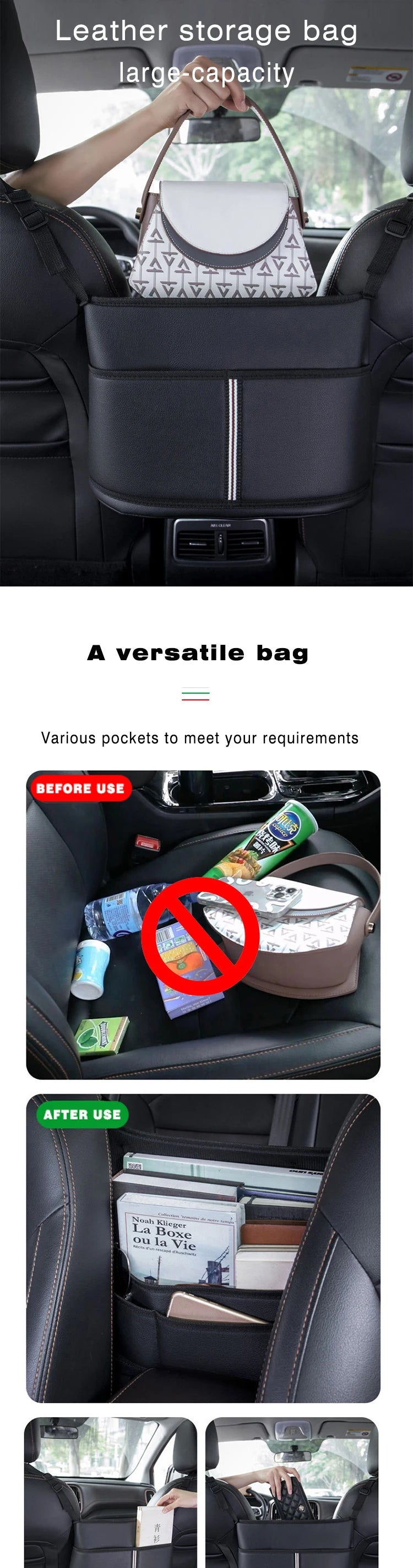 Car Seat Middle Hanger Storage Bag Leather Handbag Holder Tissue Water Cup Pockets Stowing Tidying Car Interior Accessories