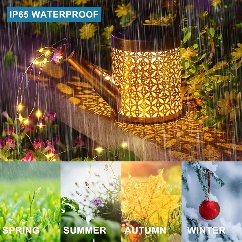Metal Lantern Solar Watering Can Light Outdoor Solar Waterfall Lights Waterproof Hanging Light Garden Decor Fairy Art Decorative