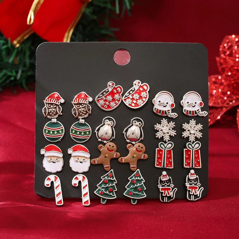 24pcs Christmas Combination Earrings Set for Women Small Shiny Zircon Xmas Tree Santa Claus Snowflake Earring Party Jewelry Gift