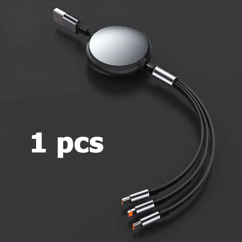 3-in-1 Retractable 100W 6A Fast Charging USB To Type-C Micro Fast Charger Cable For iPhone Samsung Xiaomi Huawei 1.2M Cables