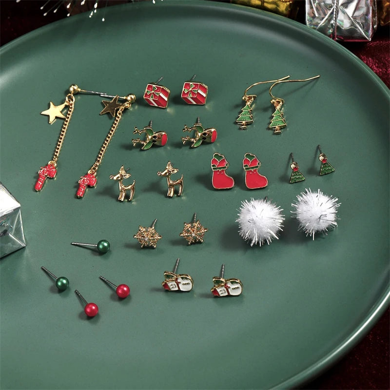 24pcs Christmas Combination Earrings Set for Women Small Shiny Zircon Xmas Tree Santa Claus Snowflake Earring Party Jewelry Gift