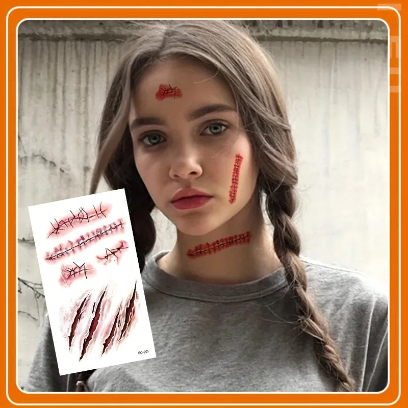 10pcs 3D Fake Scar Tattoos Sticker Body Face Realistic Scab Temporary Tattoos Halloween Horror Wound Bloody DIY Makeup Stickers