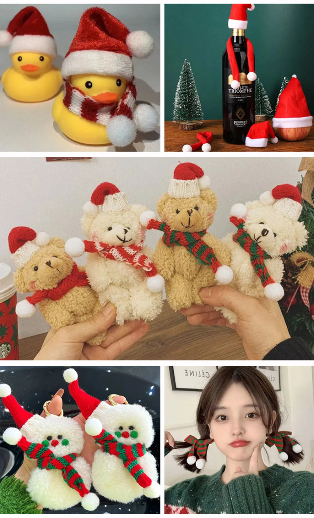 Mini Santa Knitted Hat & Scarf Small Christmas Costume for Cat Rabbit Doll Lollipop Bottle Cap DIY Xmas Party Dinner Decoration