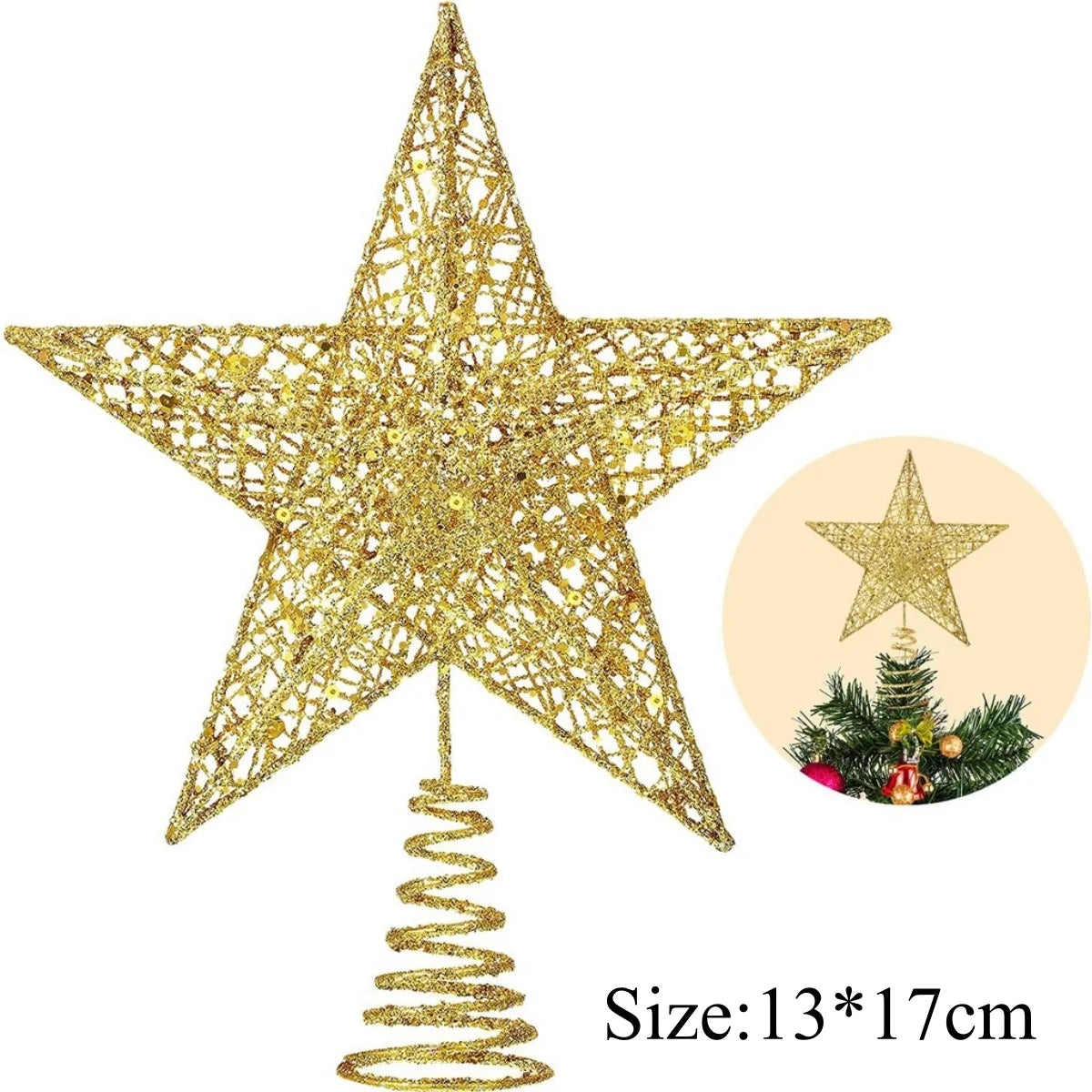 Iron Glitter Christmas Tree Topper Star With Led Copper Wire Lights Merry Christmas Tree Decor For Home Navidad Ornaments