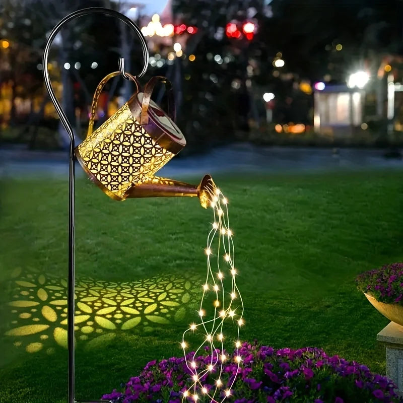 Metal Lantern Solar Watering Can Light Outdoor Solar Waterfall Lights Waterproof Hanging Light Garden Decor Fairy Art Decorative