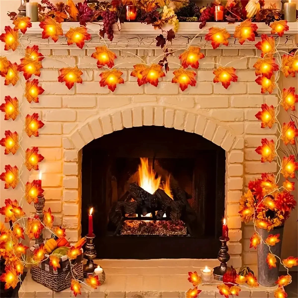 Solar Maple Leaf Light String Plastic Autumn Leaf Decoration For Thanksgiving And Halloween Outdoor/Indoor Atmosphere Lighting