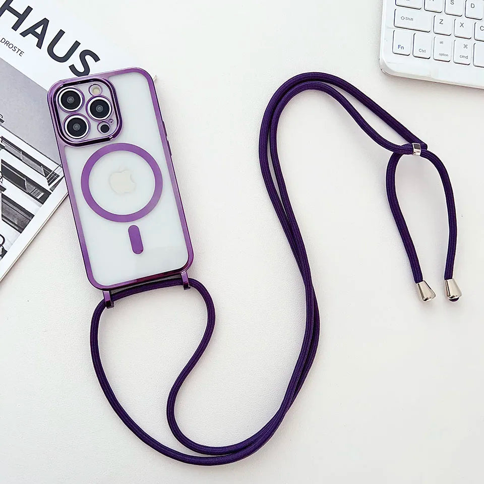 Luxury Phone Charm Strap For Magsafe Magnetic Case For iPhone 15 14 13 12 11 Pro Max 15 Plus Wireless Charging Cover Hange Rope