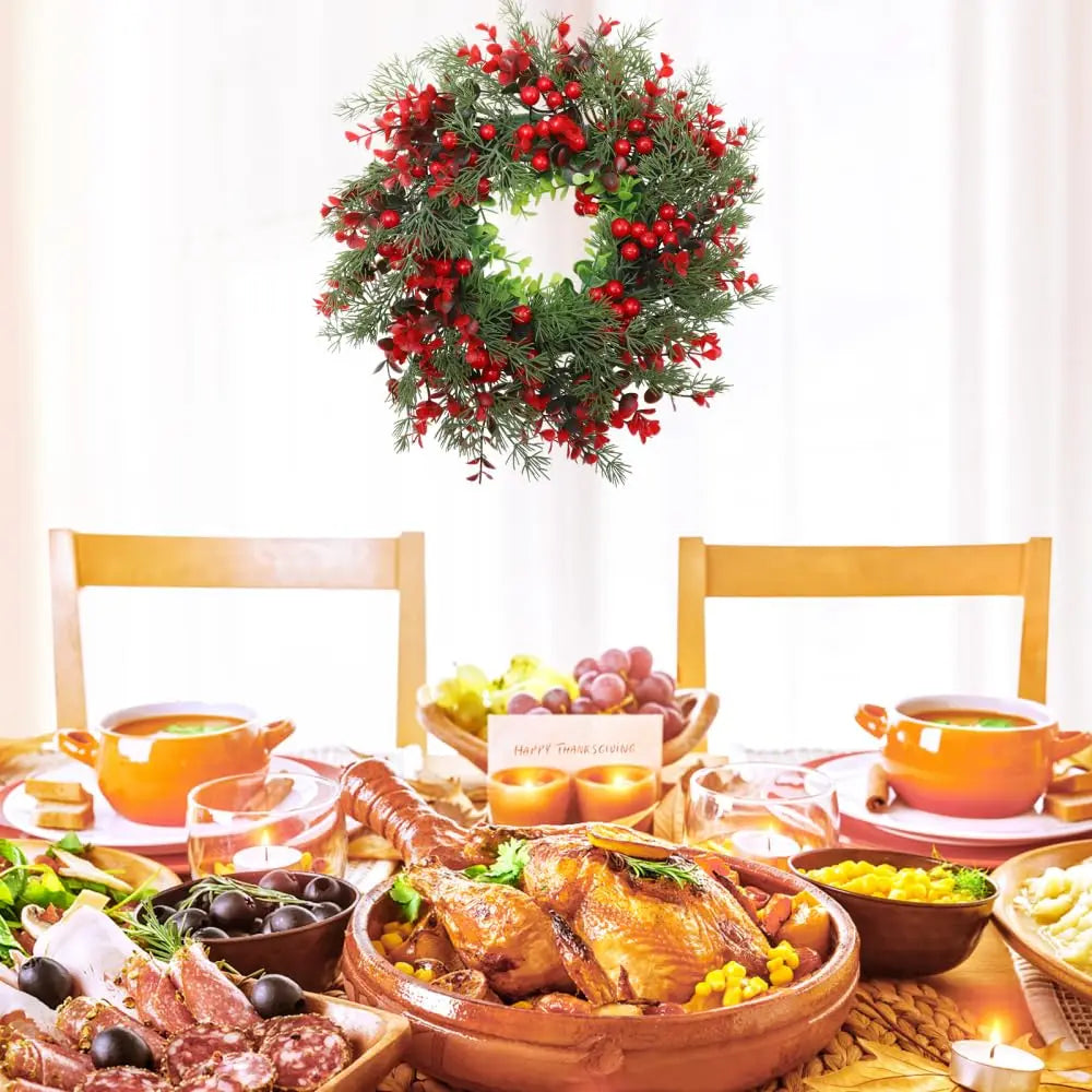 Artificial Red Berry Wreath 35cm Christmas Decor Hanging Garland for Winter Festival Xmas Outdoor Wall Decoration Fake Wreath