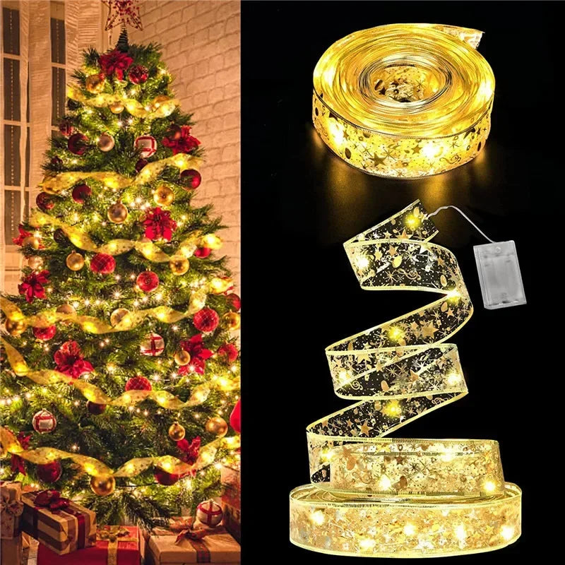 New Year 2026 Christmas Decoration LED Ribbon Fairy Lights Christmas Tree Ornaments for Home DIY Bows Light String Navidad 2025