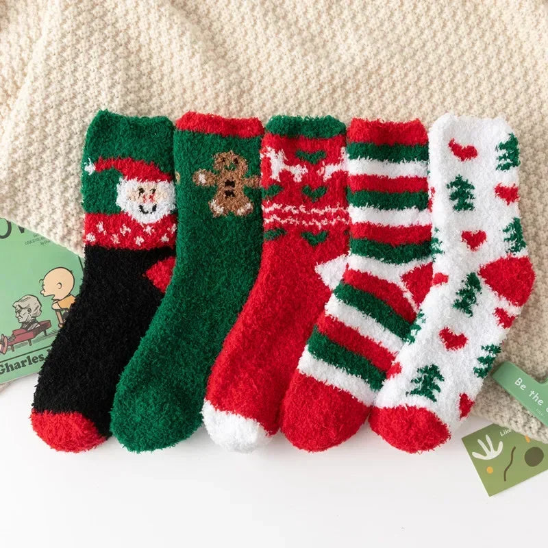 5 Pairs New Autumn and Winter Christmas Thickened Cute Warm Coral Fleece Socks Velvet Santa Fawn Snowflake Women Socks