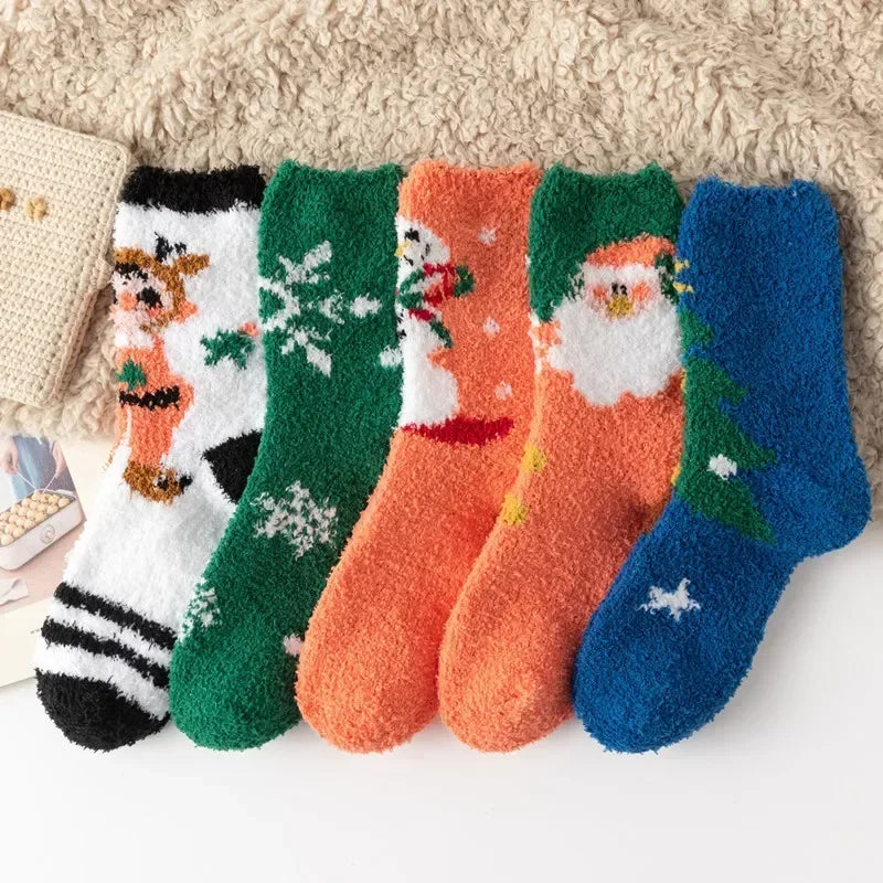 5 Pairs New Autumn and Winter Christmas Thickened Cute Warm Coral Fleece Socks Velvet Santa Fawn Snowflake Women Socks