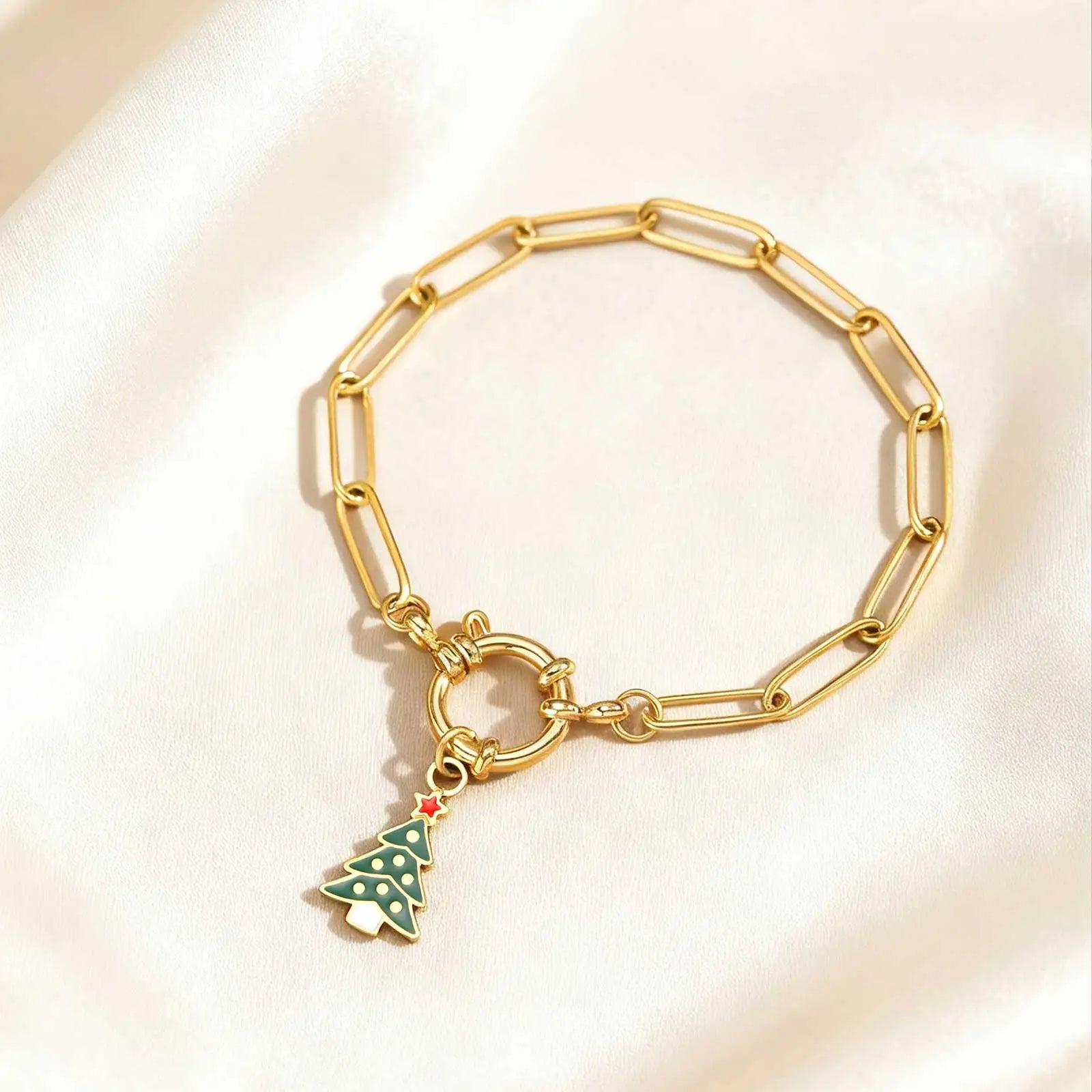 18CM Cute Santa Bubble Buckle Bracelet for Women,Gold Plated Stainless Steel Small Square Chain Bracelets,Merry Christmas Gift