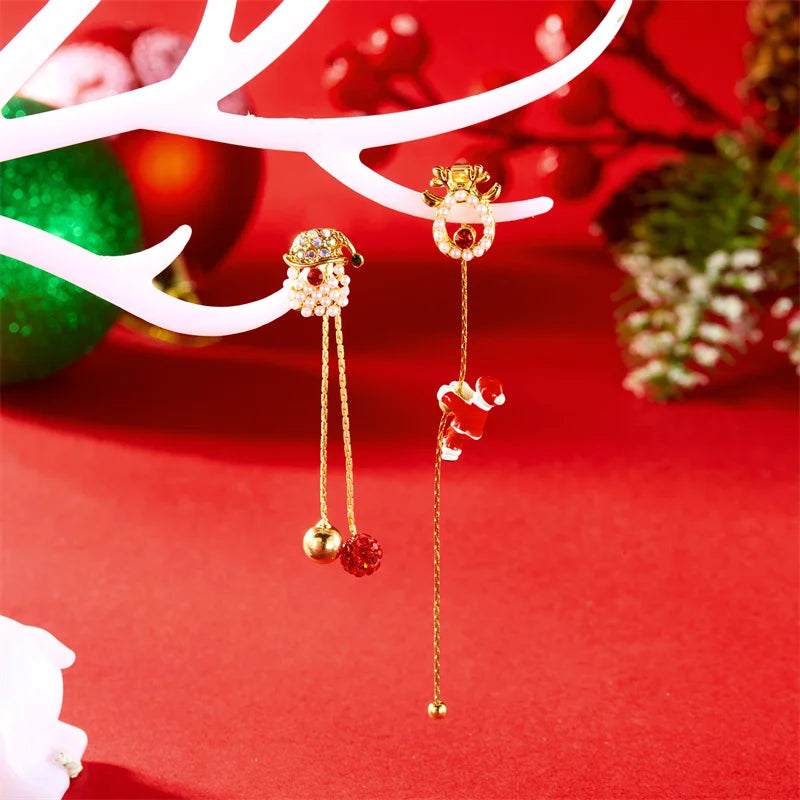 Moving Santa Claus Tassel Dangle Earrings For Women Christmas Tree Snowflake Asymmetric Long Chain Earring New Year Jewelry Gift