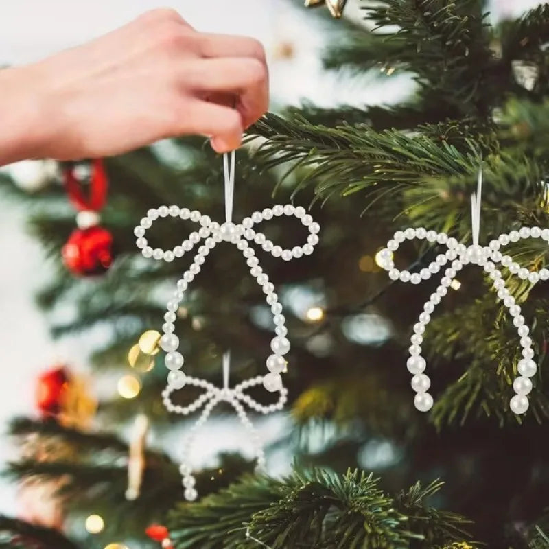 6/12pcs Xmas Tree Hand Woven Imitation Pearl Bow Hanging Ornaments 2025 Christmas Decoration for Home Navidad Gift New Year 2026