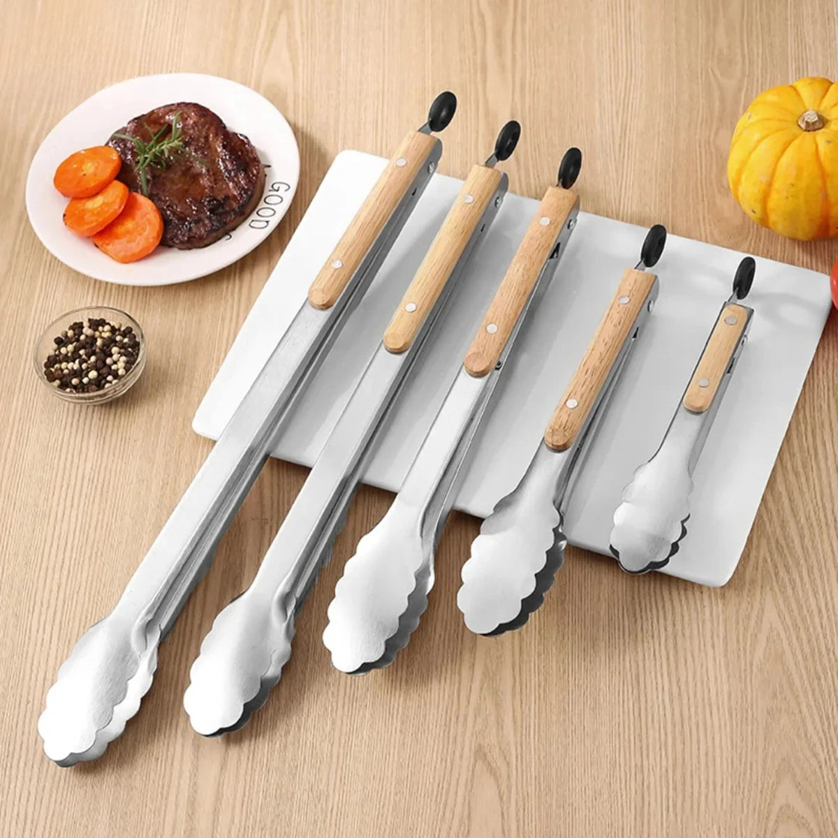 Heavy Duty Kitchen Tongs with Wooden Handle for Cooking, Grilling and BBQ, 7-16 Inch Length