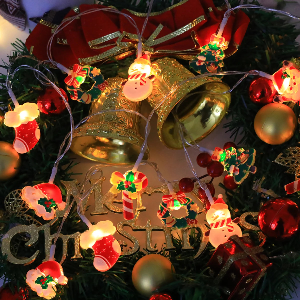 LED Christmas String Lights，with Santa/Snowman/Candy Cane/Christmas Stocking/Snowflake Designs, for Christmas Party/Indoor/Tree