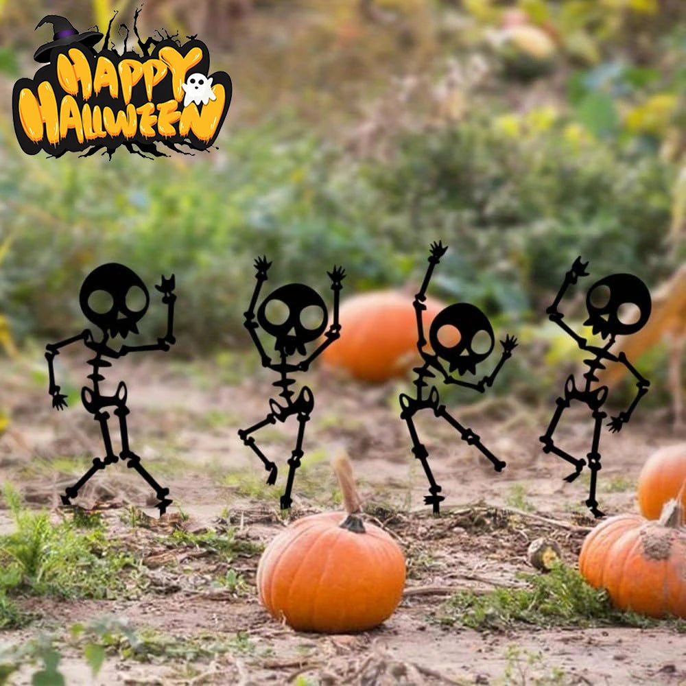 4PCS Spooky Dancing Skeleton Garden Stakes, Weatherproof Metal Yard Art for Halloween Decor, Easy Install Outdoor Lawn Ornaments