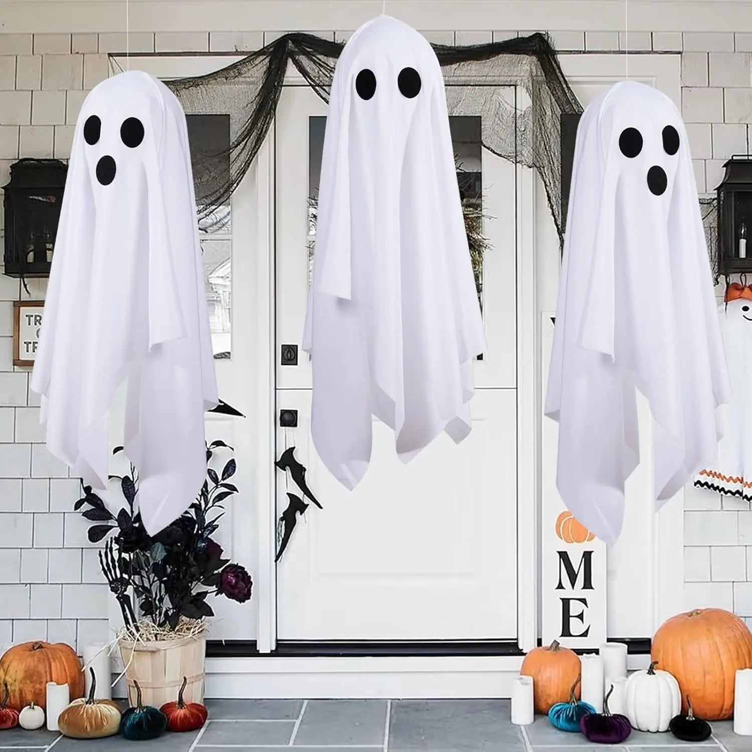 68/125CM Halloween Hanging Ghost Decor White Cloth Hanging Ghost Halloween Flying Ghost Party Decor Front Porch Yard Garden