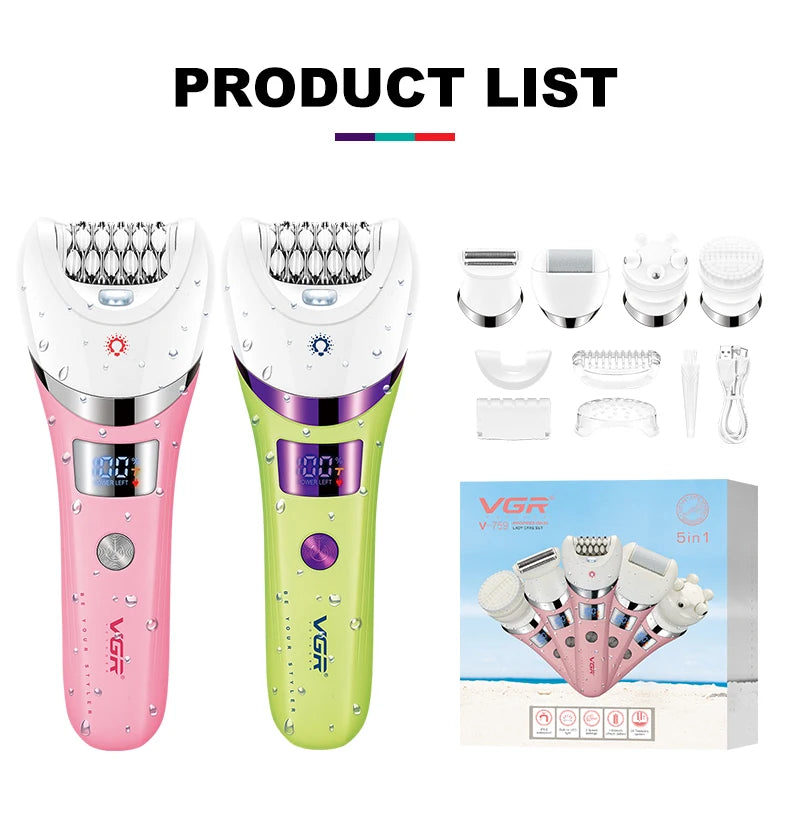 VGR Hair Trimmer Electric Epilator Hair Removal Personal Care Appliances Body Trimmer 5 IN 1 Waterproof Hair Remover Women V-759
