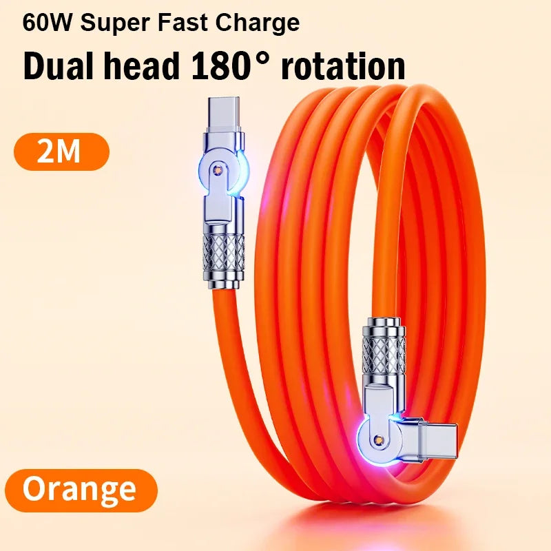 60W PD USB C To Type C Cable Elbow 180 Degree Rotation Super Fast Charge For Samsung S24 S23 S22 Ultra Huawei Laptop Data Sync