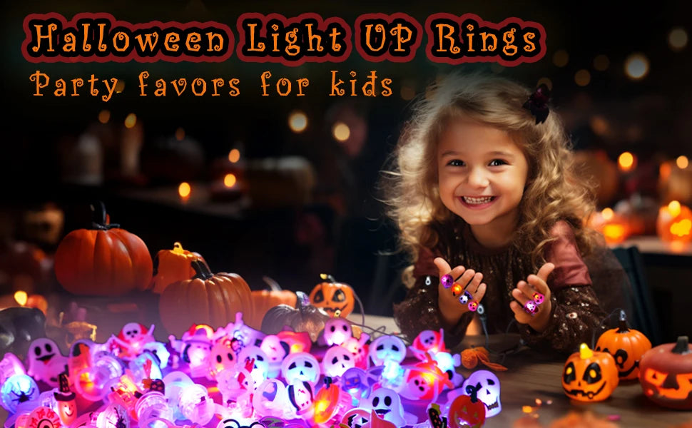 30-150PCS 3D Light Up Rings Bulk Halloween Treats Toys Party Favors for Kids Non Candy Treats Glow In The Dark Party Gifts for K