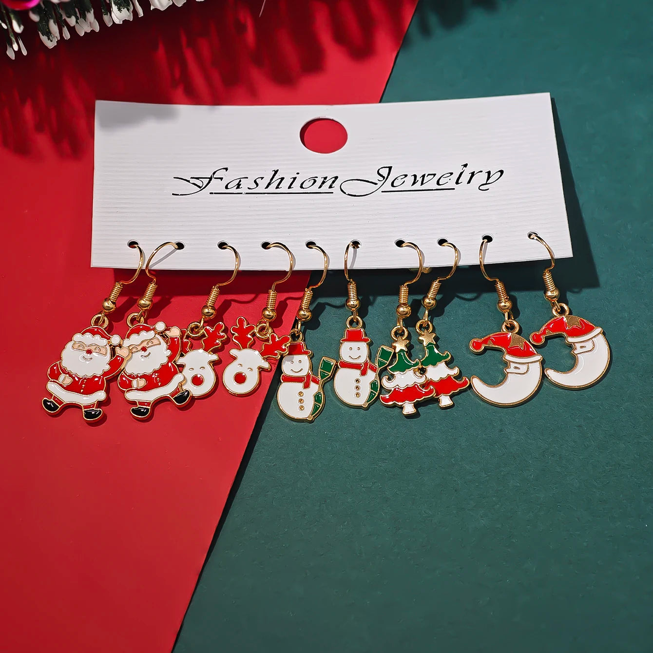 Cross-Border Fashion New Arrival Santa Claus, Reindeer, Christmas Tree and Moon Earrings Cute Cartoon Christmas Earrings Set