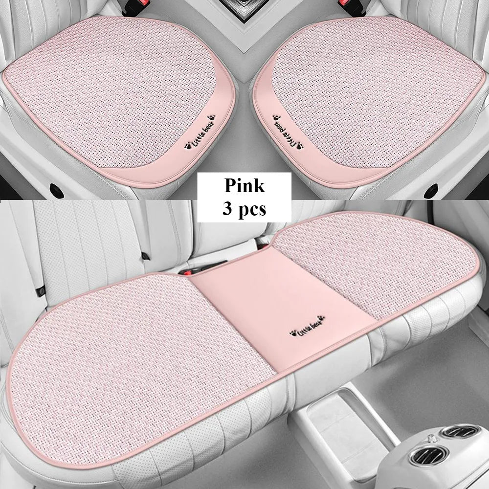 3pcs, Breathable Car Seat cushion - PU Leather + Cool Ice Rattan Weave, Playful Embroidery