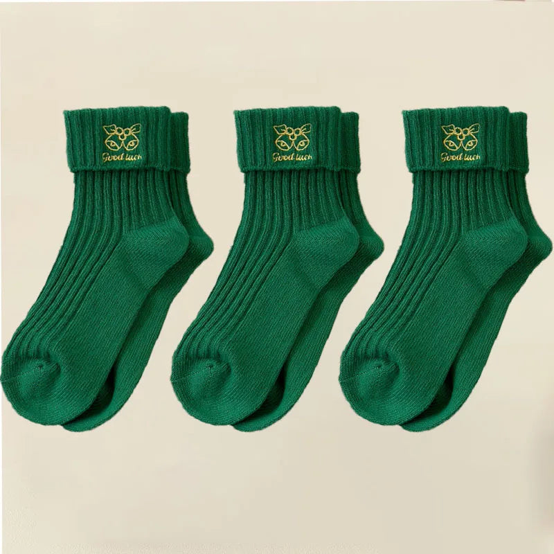 3 Pairs Cotton Cartoon Christmas Socks for Women Autumn Winter Warm Comfortable Cute Mid-tube Embroidery Merry Christmas Gifts
