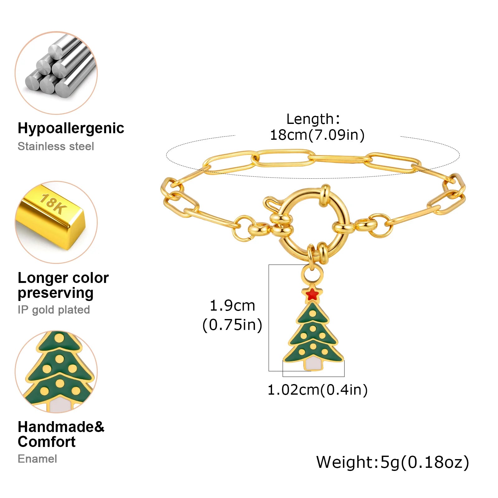 18CM Cute Santa Bubble Buckle Bracelet for Women,Gold Plated Stainless Steel Small Square Chain Bracelets,Merry Christmas Gift