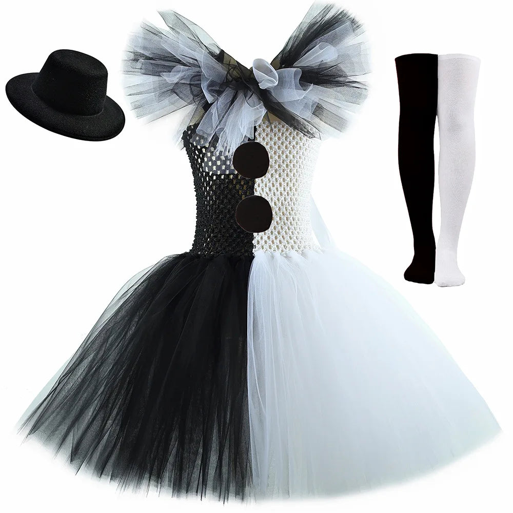 2025 Halloween Festive Party Girls Cosplay Black and White Witch Sleeveless Clown Lace Vampire Clothing Plus Accessories Set